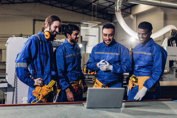 Fototapeta premium Carpenter working on woodworking machines in carpentry shop. Carpenter working to making wood furniture in wood workshop