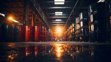 Dark warehouse with pallets holding red and black barrels or barrel containers filled with fossil fuels, illuminated by artificial lighting. Petrol gas, oil storage in gallons, refinery pallets 