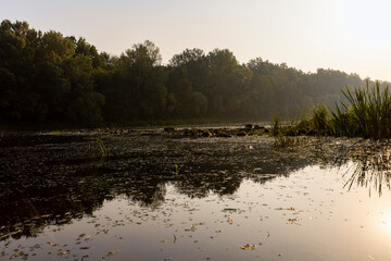 The river during the dawn in autumn , the waves on the river