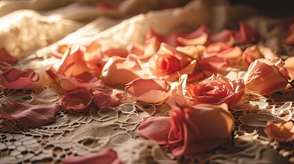 A wedding arrangement of pink rose petals scattered on a vintage lace cloth.