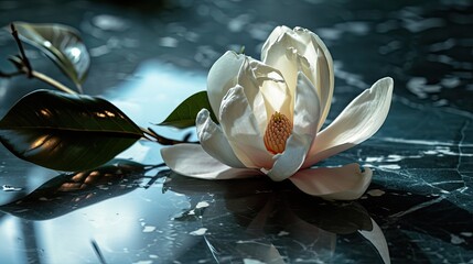 A single breathtaking magnolia flower on a glossy obsidian surface. 