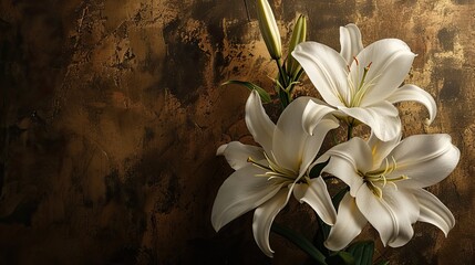 Elegant breathtaking lilies arranged on a brushed brass background. 