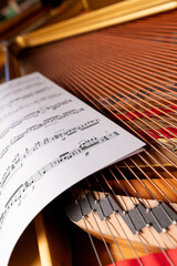 Sheet music on piano strings