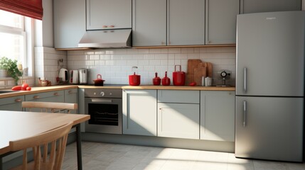 Front view of elegant interior with gray drawers under kitchen cabinet. empty wooden table and marble countertop in room. modern equipment for cooking.