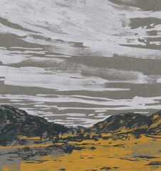 Hand drawn landscape. Versatile artistic image for creative design projects: posters, banners, cards, magazines, prints, covers, brochures and wallpapers. Acrylic on toned paper. Artist-made art.