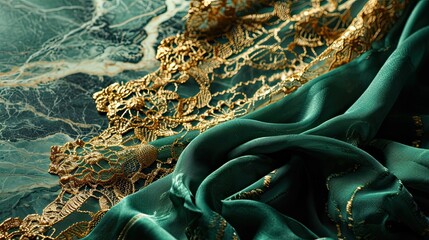 Emerald green marble fabric with veins of gold beside shimmering golden lace. Jewellery design,...