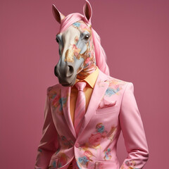 Male horse in pastel fashion suit, with shirt and tie against  pink background. Fashion concept. Creative animal character. Advertisement idea. Party animal, dreamer, stylist.