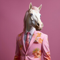 Male horse in colorful fashion suit, with shirt and tie against pink background. Fashion concept. Creative animal character. Advertisement idea. Party animal, businessman, dreamer.