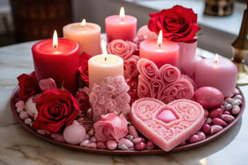 Fototapeta na wymiar Heart shaped candles and roses valentines day decor
