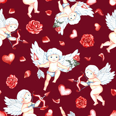 Seamless pattern with cute cupids with bow, arrows and hearts. Little angels. Hand-drawn watercolor illustration. On a dark red background. For Valentine's day and wedding, textile, wrapping paper