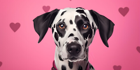 dalmatian dog  on a Pink Love Background: Valentine's Day, Romance, and Love Concept.	