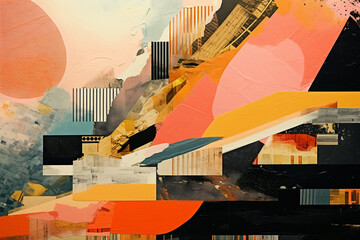 An abstract collage composition incorporating a fusion of hand-painted textures, photographic...