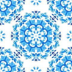 Seamless pattern renaissance tiling ornament. Azulejo Portuguese design tile blue and white