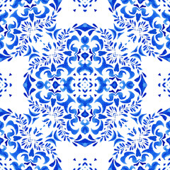 Medallion damask tile watercolor hand drawn floral pattern. Blue and white azulejo