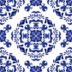 Gorgeous damask background. Portuuguese blue tiling mosaic. Floral Azulejo tile design arabesque tiles