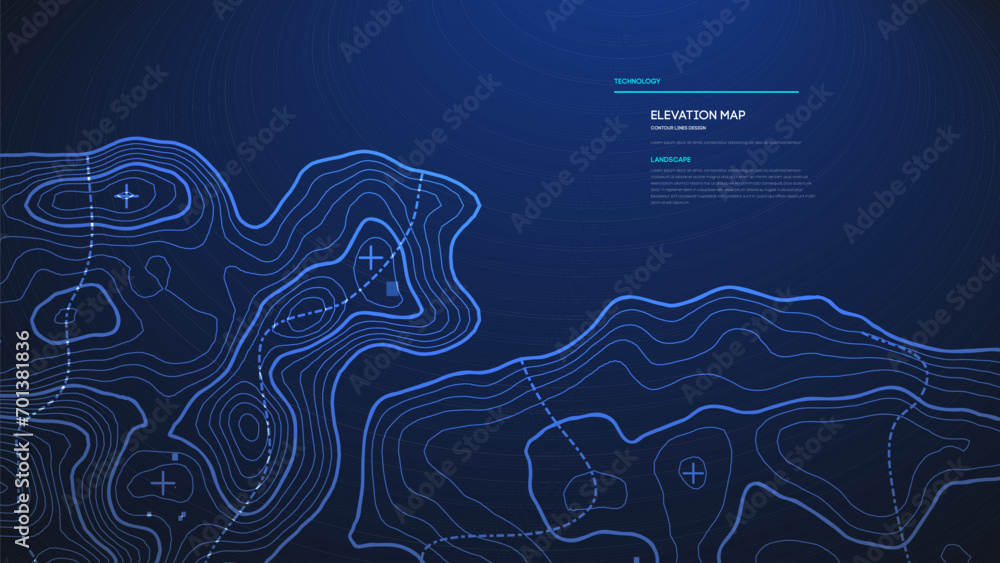 Poster topographic map blue technology background. big data elevation map with contour lines.