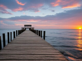 Wooden pier on the beach at beautiful sunset in the evening