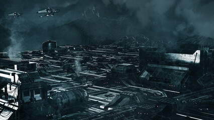 Futuristic space station .Science fiction scene. 3D illustration © Mikael Damkier