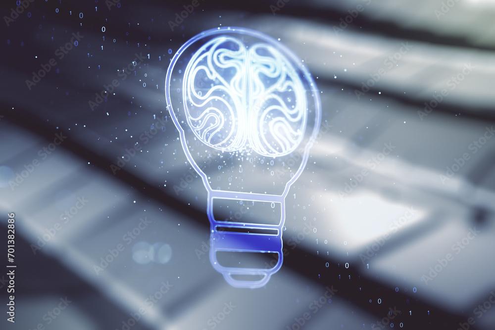 Poster abstract virtual creative light bulb with human brain hologram on shiny metal background, artificial