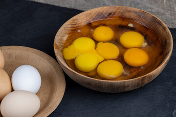 fresh chicken eggs on the kitchen table