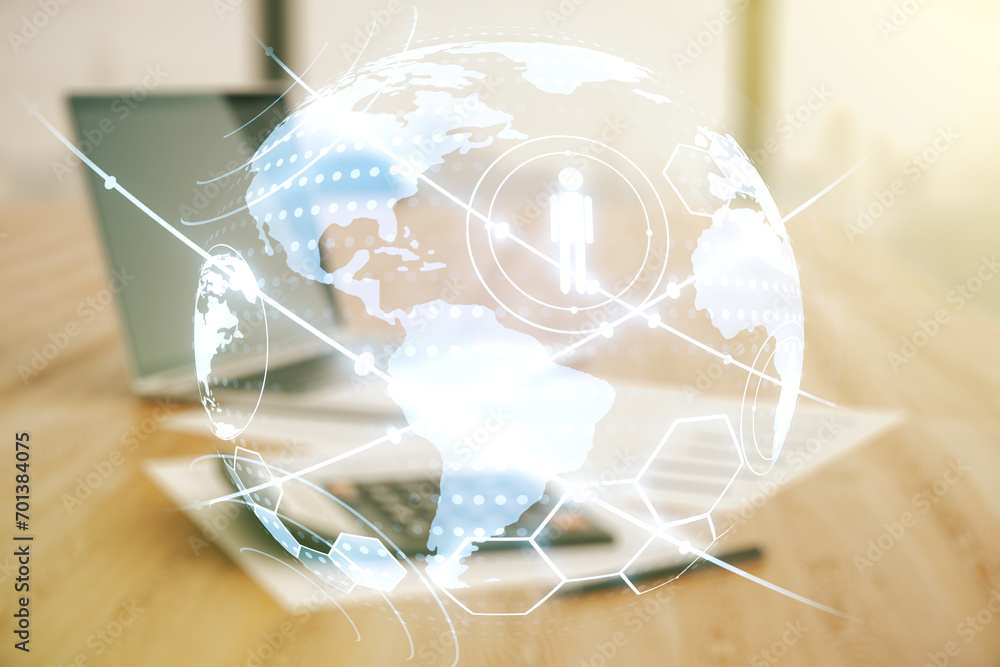 Aufkleber virtual social network media hologram and world map on blurry calculator and computer background. do