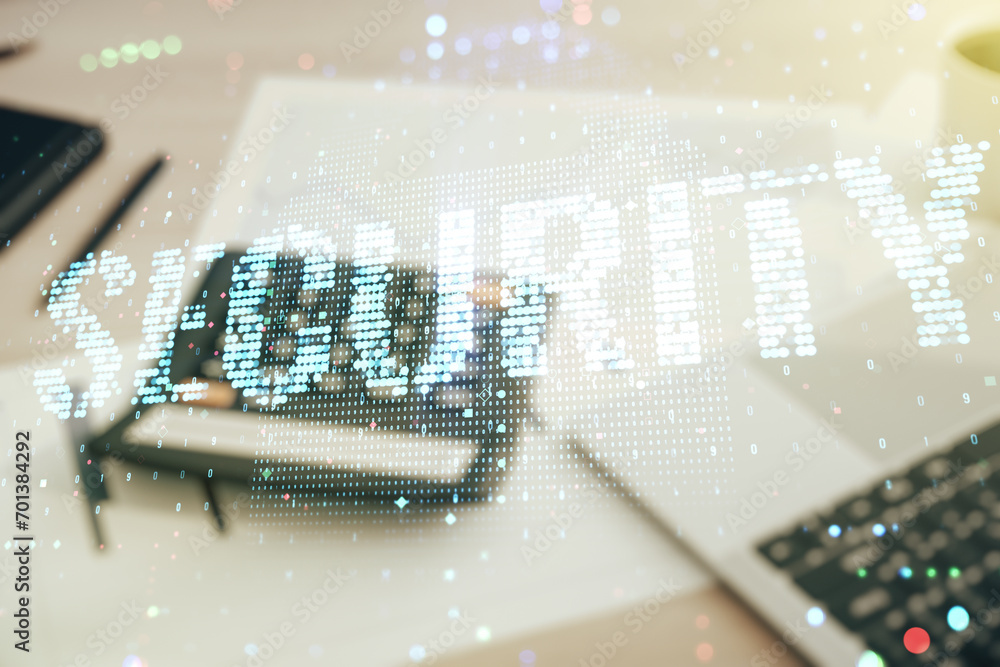 Poster virtual cyber security creative concept on calculator and laptop background. double exposure