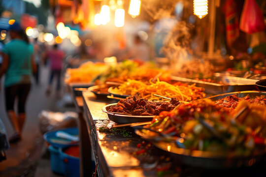 Authentic street food experience, an image capturing the vibrancy and variety of authentic street food from around the world, creating an enticing and multicultural scene with copy space.