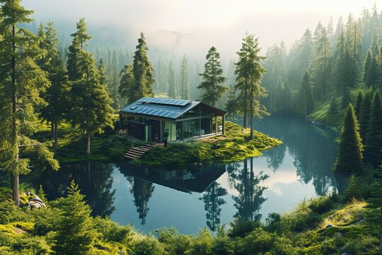 A lake in the shape of a house with solar panels and batteries in the middle of a healthy forest