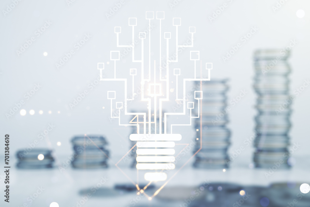 Poster virtual creative idea concept with light bulb and microcircuit illustration on stacks of coins backg