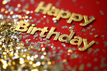 Happy Birthday card. Gold inscription Happy Birthday on red background with golden glitters