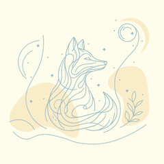 Hand drawn fox silhouette abstract one line art illustration