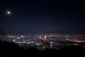 Beautiful fireworks Happy New Year at Chiangmai City Thailand. 