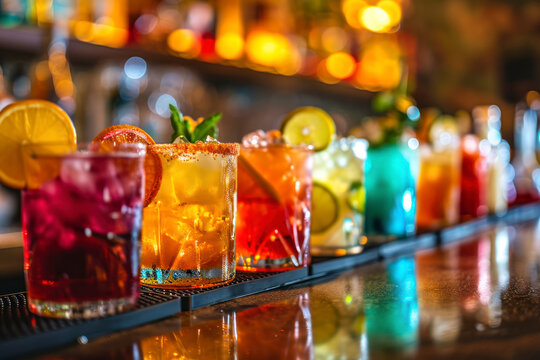 Colorful cocktail lineup, an image featuring an array of vibrant and colorful cocktails, creating an inviting and festive scene with copy space.