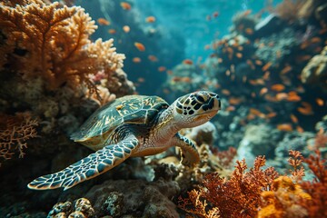 Obraz na płótnie Canvas Sea turtle in coral reef swim to water surface. Marine Tortoise portrait