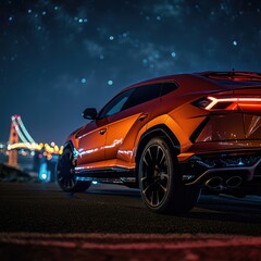 Fototapeta na wymiar Lamborghini Huracan. in the city against the background of the night sky. AI generated.
