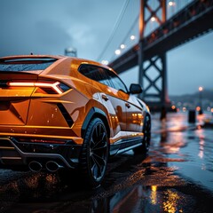 Lamborghini Huracan. in the city against the backdrop of the night sky and bridge. AI generated. - obrazy, fototapety, plakaty