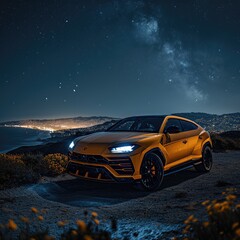 Fototapeta na wymiar Lamborghini Huracan. in the city against the backdrop of the night city. Luxurious lifestyle. AI generated.
