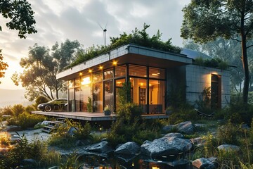 Home virtual battery energy storage with house photovoltaic solar panels plant, wind and rechargeable li-ion electricity backup