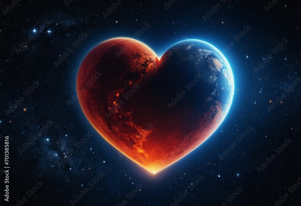 Poster planet in the shape of a heart with a glowing outline. background with selective focus and copy spac