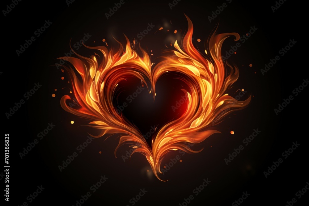 Poster fire flame in the shape of a heart. background with selective focus with copy space