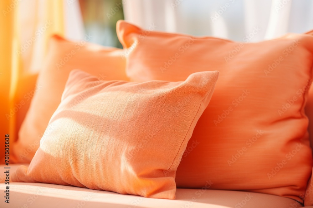 Poster pillow in trendy color peach fuzz. background with selective focus and copy space