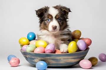 Fototapeta na wymiar Dog at Easter. Background with selective focus and copy space