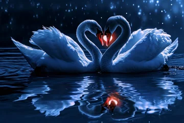 Poster Two swans form a heart. Backdrop with selective focus and copy space © Space Priest