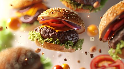 3D grilled burger icons with realistic falling meat in detailed composition.