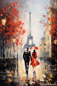 Romantic Paris Street Scene Painting with Eiffel Tower Background. Couple Walking in Rain Near Eiffel Tower Oil Painting