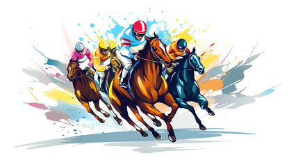 Three racing horses competing with each other. Hippodrome. Racetrack. Equestrian, A painting of horses with jockeys on them with one wearing sports game, Generative AI - obrazy, fototapety, plakaty