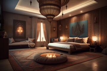 Cozy interior of bedroom in Arabic house