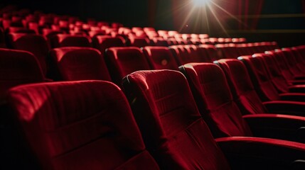 Theatrical spotlight illuminating crimson seats in cinema auditorium.