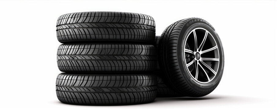 Car tire alu wheels on white background, wide banner or panorama photo.