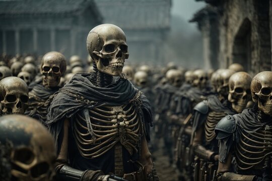 Skeleton in a war field with an army